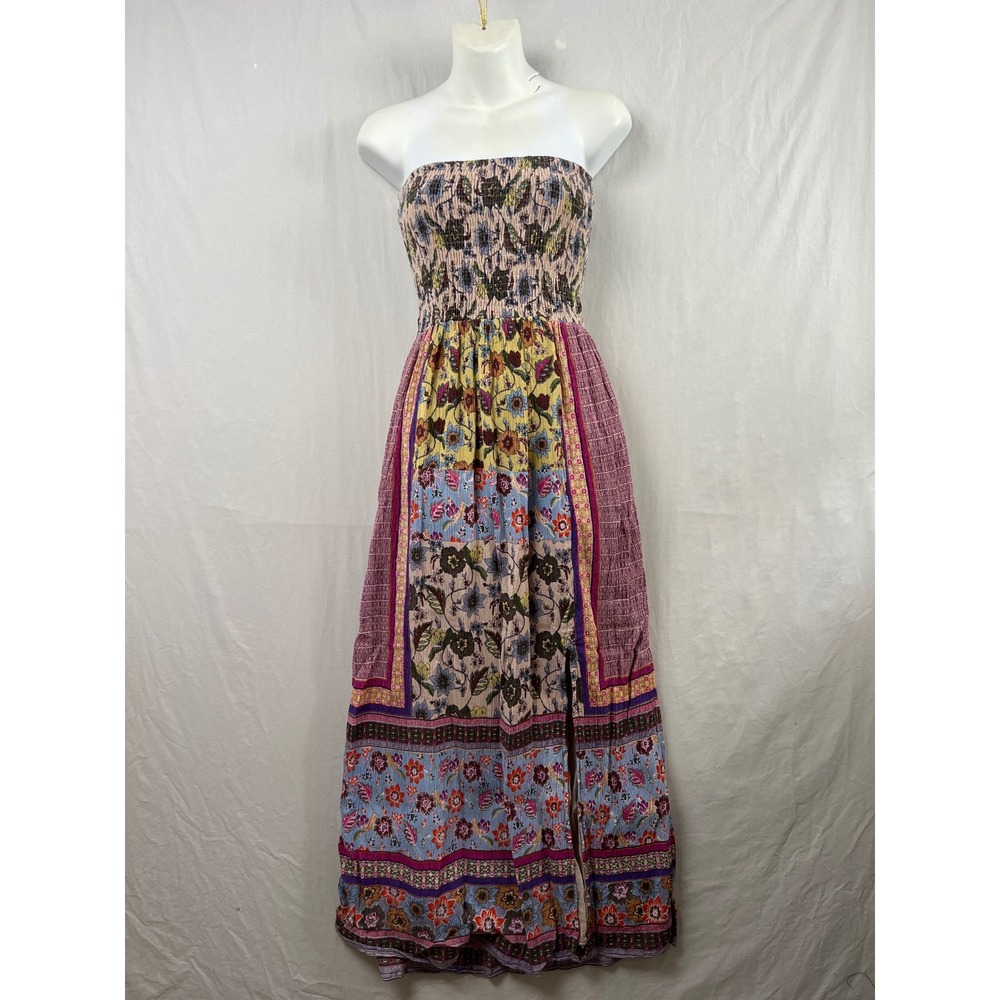 Raga Maxi Dress Womens S Multicolor Floral Patchwork Smocked Strapless Boho